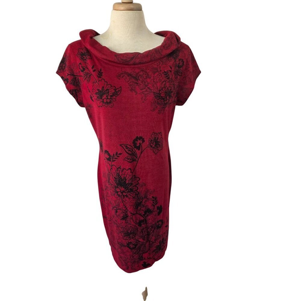 Jonathan Martin Y2K Raspberry Red Shift Dress Sz 12 Cowl Neck Pullover Cap Slv